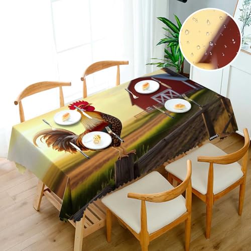 Rooster Tablecloth 52x70 Inch Rectangular Farmhouse Dining Decor - Sunrise Rooster Hen