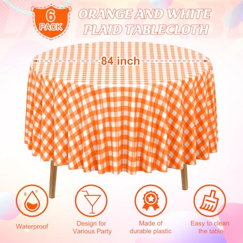 Orange Gingham Round Tablecloth 54x108 Inches - Pack of 6, Fall Checkered Cover - Orange-Round