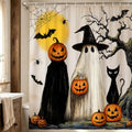 Halloween Fall Shower Curtain Set with Hooks - Rustic Witches Ghosts Pumpkins Black Cat Fabric Bathroom Decor 72x72
