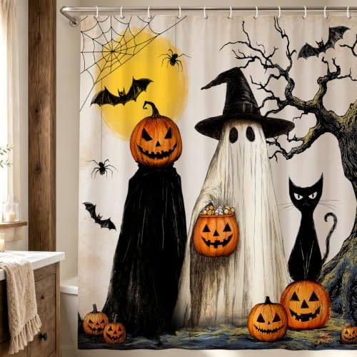 Halloween Fall Shower Curtain Set with Hooks - Rustic Witches Ghosts Pumpkins Black Cat Fabric Bathroom Decor 72x72