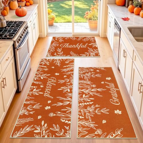 Fall Kitchen Rug Set of 3 with Pumpkin Truck & Leaves - Orange Variations 20x32, 20x47, 20x59