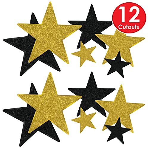 Black & Gold Glittered Star Cutouts - 12 Pack for Awards Night & New Year’s Eve Party Decorations