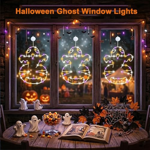 Halloween Ghost Window Lights Set - Orange, White & Purple Lights with Timer & Suction Cups - Spooky Decor for Home & Party