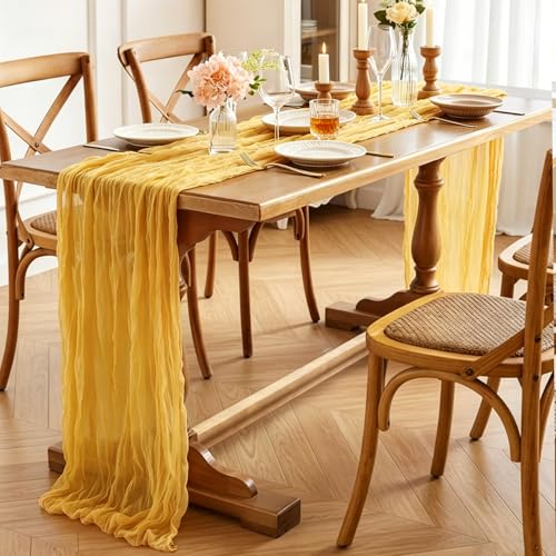Yellow 6-Pack 10FT Rustic Gauze Table Runners for Wedding & Party Decor - Boho Style