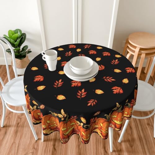 Halloween Round Tablecloth 60 Inch Spooky Pumpkin Leaves Water-Resistant Decor