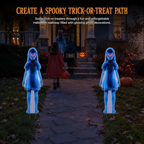 Lighted Ghost Yard Signs for Halloween Outdoor Decorations - 2 Pack, 31.5 Inch Creepy Lawn Stakes with Red LED Eyes