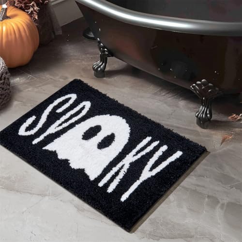 Halloween Bath Mat Non Slip 20 x 32 Inches Ghost Spooky Rug Black & White Variation