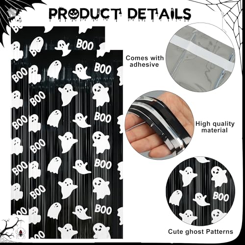 Halloween Foil Fringe Curtains - Ghost & Boo Theme, 4 Pack, Black & White, 3.3x6.6 Ft, Ghost Photo Backdrop, Party Decorations, Kids & Baby Shower