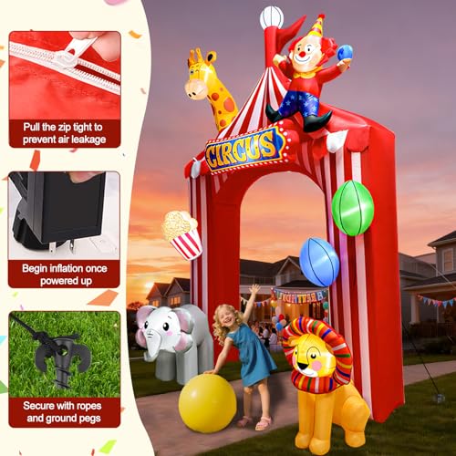 10FT Circus Party Inflatable Arch Outdoor Decoration with LED Lights - Red & White Tent Design, Animal Motifs, Easy Setup