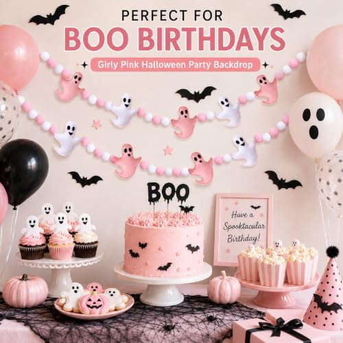 Pink Halloween Garland with Ghost and Pumpkin Decorations - 8.2 Ft Felt Mantel Decor