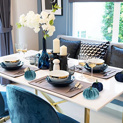 Blue White Velvet Artificial Pumpkins Set of 12 Fall Thanksgiving Decor - 2 Sizes