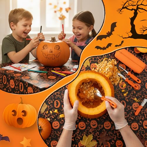 Halloween Pumpkin Carving Kit with 6 Tools, 6 Aprons, 6 Ribbons, 2 Tablecloths - Orange / 20
