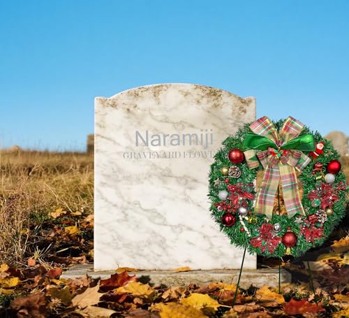 Christmas Cemetery Wreath with Stand - Poinsettias, Bow, All-Weather Decor