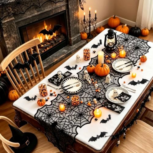 Halloween Table Runner with Black Lace Spider Web and 3D Bats - Festive Dining Decor