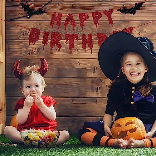 Halloween Birthday Banner - Red Glitter Dripping Blood & Bat Accents - Gothic Horror Party Decorations - Variation of THIS Listing