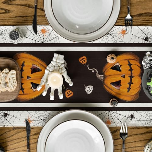 Halloween Jack-O'-Lantern Pumpkins Spider Web Table Runner 13x120 Inch Black Beige