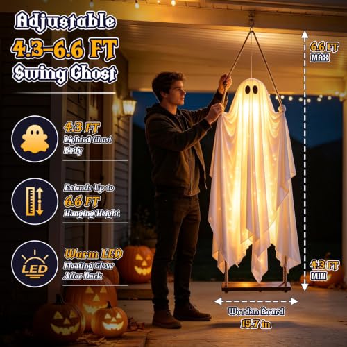 Outdoor Hanging Ghost Decor - 4.3FT Spooky Swing Ghost with LED Lights