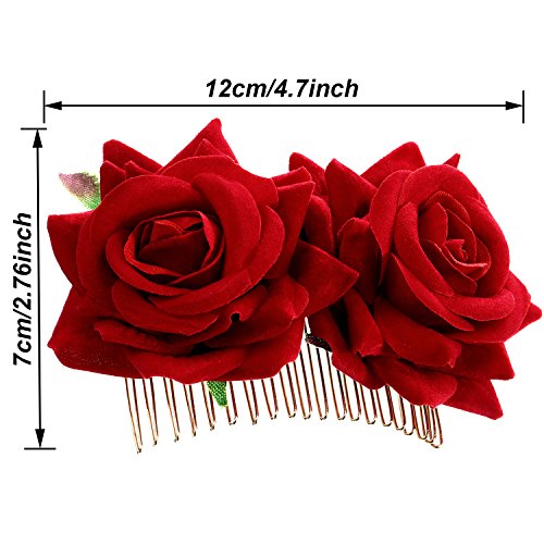 Women Red Rose Flower Hair Clips - Flamenco & Party Side Comb Set