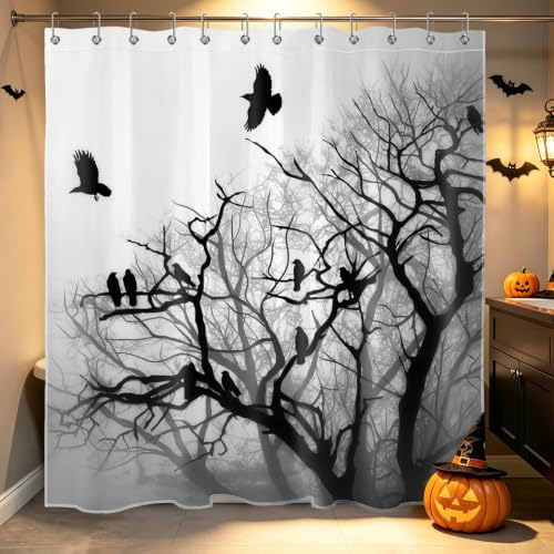 Misty Forest Shower Curtain Set 72x78 Inch Waterproof Polyester Bathroom Decor with Hooks - Black Grey Foggy Woods Birds on Tree Raven Halloween
