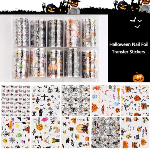 Halloween Nail Foil Transfer Stickers Set - Halloween Style 3, Pumpkin Skull & Bat Design