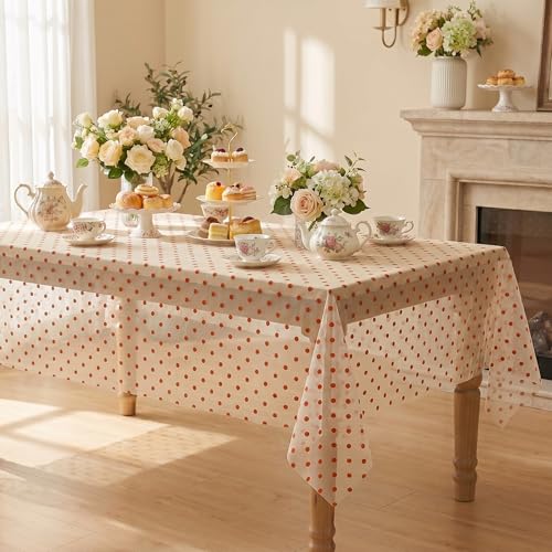 Horaldaily 60x84 Inch Rectangular Gauze Polka Dot Table Cloth Beige Caramel Variation