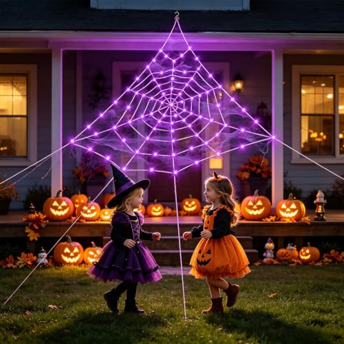 Purple Halloween Spider Web Decorations - 16.4 Ft Giant Yard Web with Lights