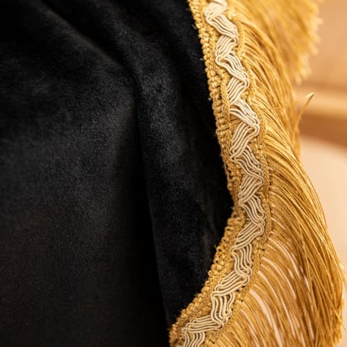 Black Velvet Tablecloth with Gold Tassel Trim - 60x86 Inch Rectangular Vintage Table Cover