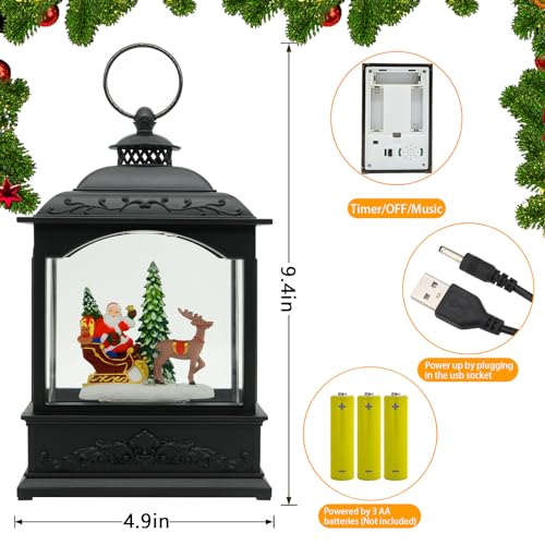 Christmas Snow Globe Lantern with Music & Timer - Black Santa LED Glitter Decor