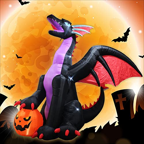 Halloween Inflatable Dragon Decoration - 8Ft Huge Outdoor Blow Up Yard Decor - Black & Green with LED Lights - Variation: 8FT Huge Dragon