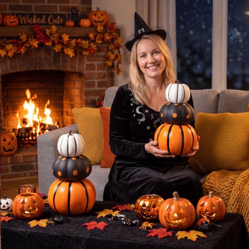 Halloween Pumpkin Decor Set - Black & Orange 11.8 Inch 2-Pack with Variation Helloween