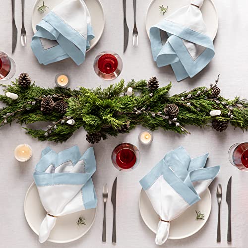 Linen Napkins Set of 4 20x20 Inch White & Light Blue Hemstitch | Flax Linen