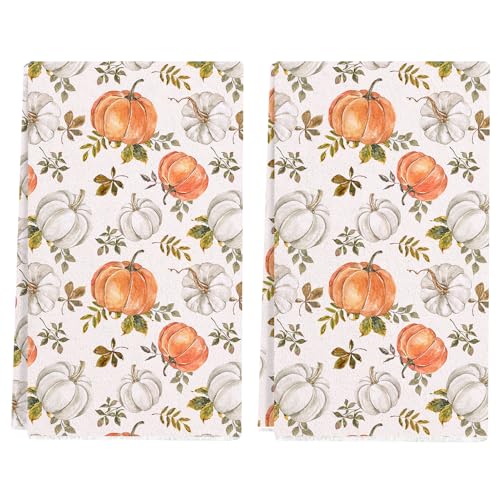 White Pumpkin Kitchen Towels Set of 2 18x26 Inches Fall Decor