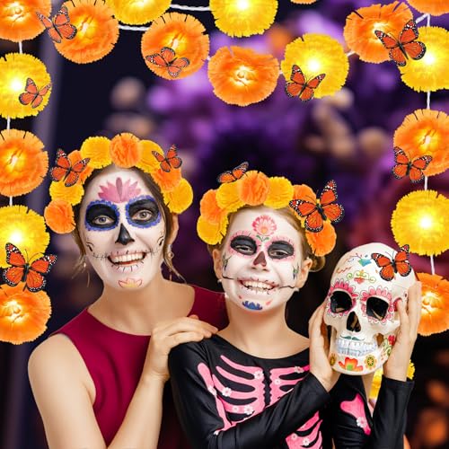 Marigold Flower String Lights & Butterfly Decorations for Day of the Dead Celebrations