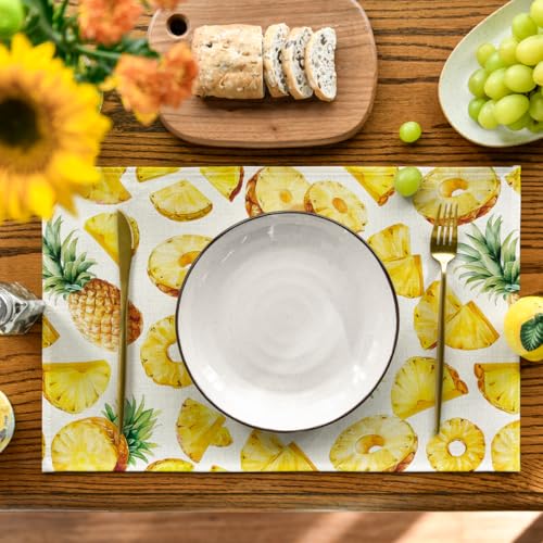 Yellow Pineapple Summer Placemats Set of 4 - 12x18 Inch Rectangular Seasonal Table Decor