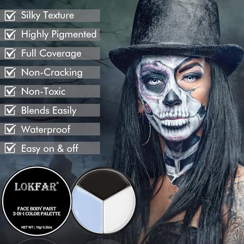 Skeleton/Skull Halloween Face & Body Paint Kit - Black, White, Grey/Gray, with Sponge & Brush