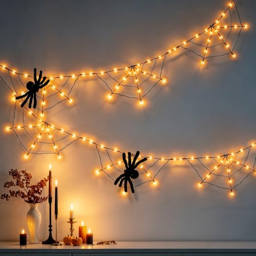 Orange Halloween Spider Web Lights with Spiders - 2 Pack, Indoor/Outdoor Decoration