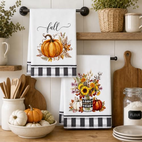 Fall Kitchen Towels Set - 2 Pack 26x18 Inch Pumpkin Leaf Decorative Dish Towels