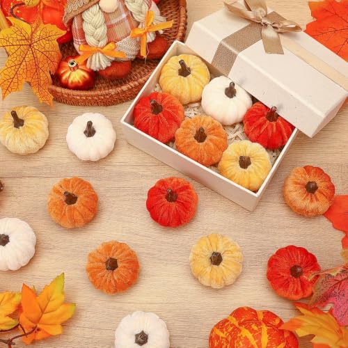 Fall Autumn Artificial Velvet Pumpkins Mini Faux Pumpkins Set - 16 Pieces - Color Variation of Fall Pumpkins