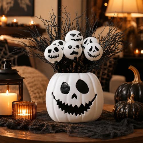 Halloween Resin Pumpkin Vase with Ghost Skull Face & Spooky Balls - Scary Face Variation
