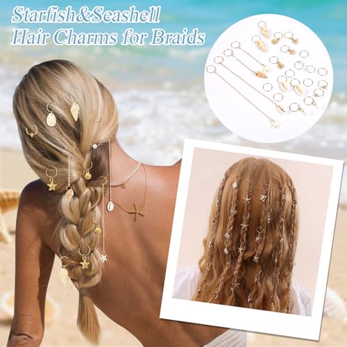 Gold Seashell Conch Starfish Hair Charm Ring Set for Braiding & Dreadlocks - Long Variation