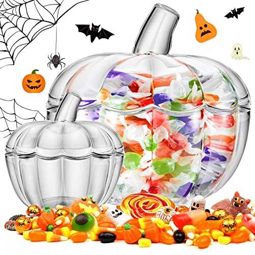 Glass Pumpkin Candy Jar Set - Large & Small with Lids - Clear Halloween Decor