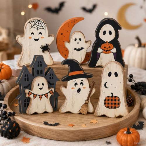 Indoor Halloween Ghost Decor Set - Rustic Wooden Ghost Signs for Haunted House & Fall Home Decor - Variation: Ghost