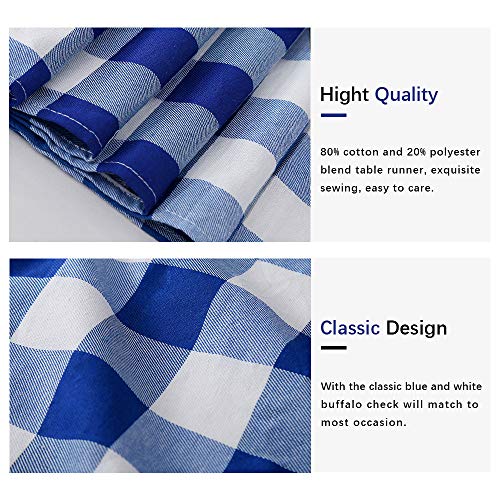 Blue Plaid Table Runner 13x108 Inch Set of 4 Buffalo Check Holiday Decor - White & Blue