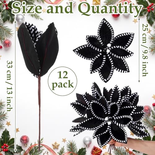 Artificial Christmas Poinsettia Flowers Set - Black & White, 12 Pack