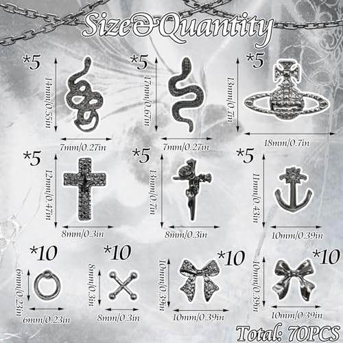 Halloween Nail Charms Set - 70pcs 3D Cross Snake Bow & Planet Black Variation 2