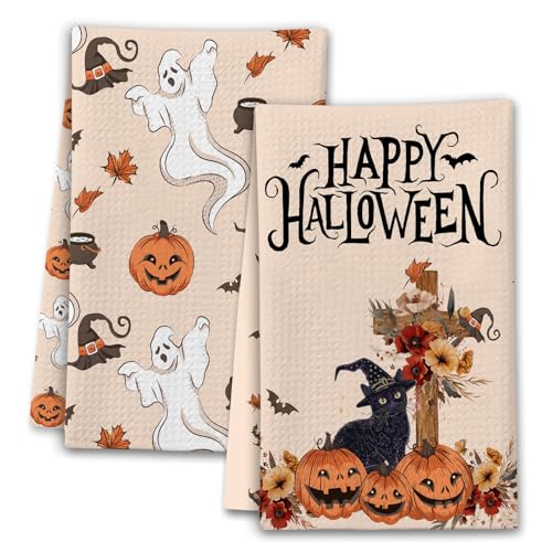 Halloween Kitchen Towels Set - Black Cat Pumpkins & Ghosts - Color 2
