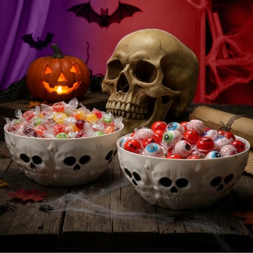 Skeleton Skull Halloween Candy Bowls Set - White Plastic Party Dish with Variation