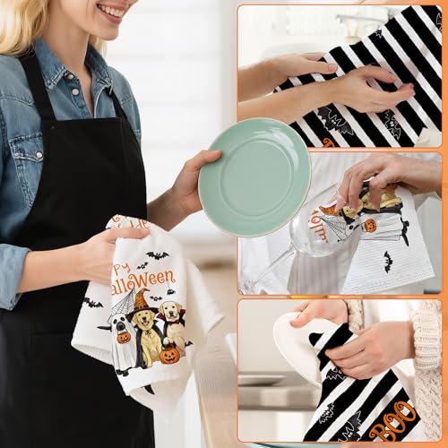 Hexagram Halloween Kitchen Towels - Black Striped Dog Hand Towels - Spooky Decor