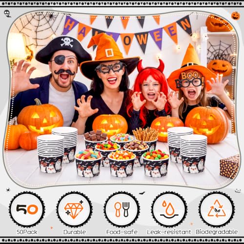 Potchen 50 Pack 9 oz Halloween Paper Soup Bowls - Ghost with Witch Hat