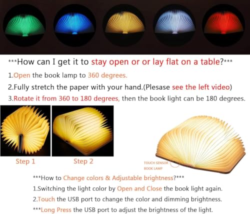 Wooden Book Lamp with 5-Color Lighting - Folding Book Light for Book Lovers Gifts